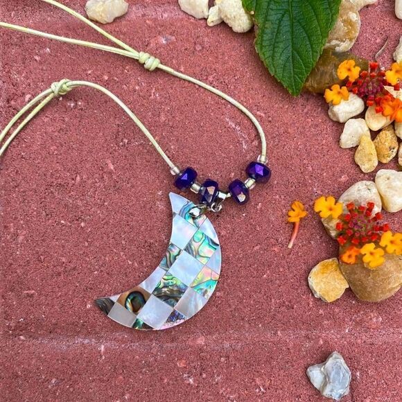 Abalone Moon Pendant Handmade leather Necklace - Picture 1 of 9